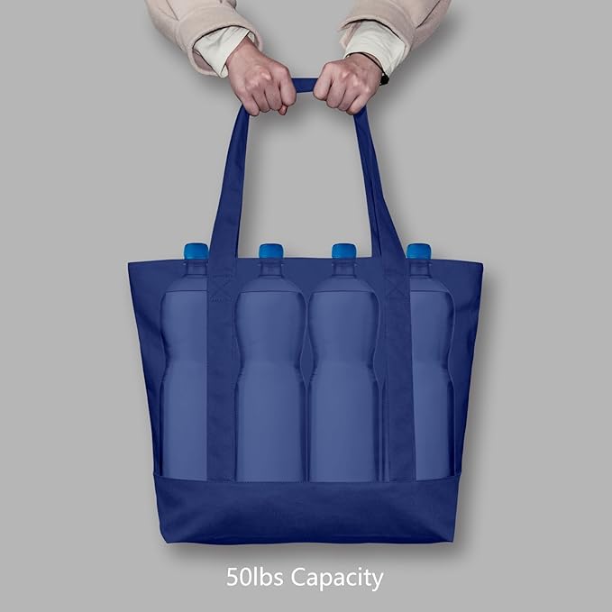 TOPDesign 1-Pack Canvas Tote Bag with an External Pocket, Reusable Grocery Shopping Bag, Top Zipper Closure, Daily Essentials (Blue)