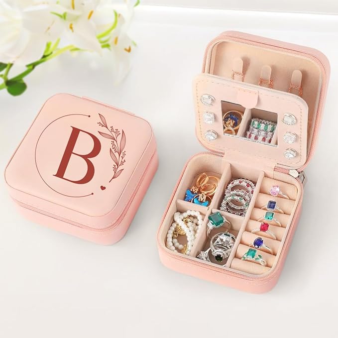SANDJEST Personalized Jewelry Box, Pink Small Travel Jewelry Box with Initial B, Monogrammed Jewelry Case Organizer for Girls Women Teen, Mini Travel Essentials Gifts for Christmas Birthday