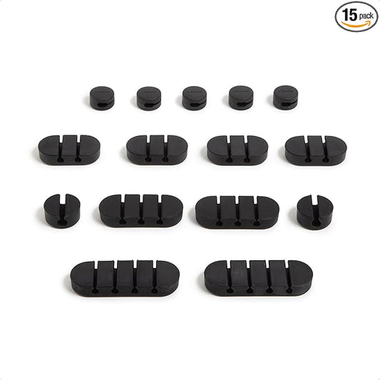 U Brands Adhesive Cord Organizers, Set of 15 Cable Clips, Office Desk Accessories, Office Supplies, Soft Touch Matte Black