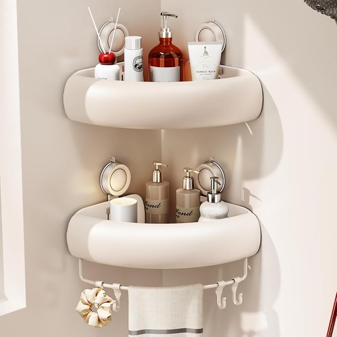 Shower Caddy Suction Cup, 2 Pack No Drilling Corner Shower Shelves, Rust Proof Bathroom Storage Organizer, Shower Corner Caddy with Removable Hooks and Towel Bar, Triangle, White