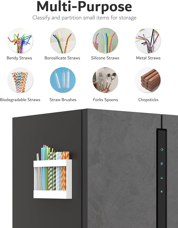 Magnetic Acrylic Straw Holder for Fridge - 5 Slot Sturdy Kitchen Organizer, Adhesive-Free Refrigerator Storage for Metal, Glass, Silicone Straws & Utensils (White-Magnetic Type-5C)