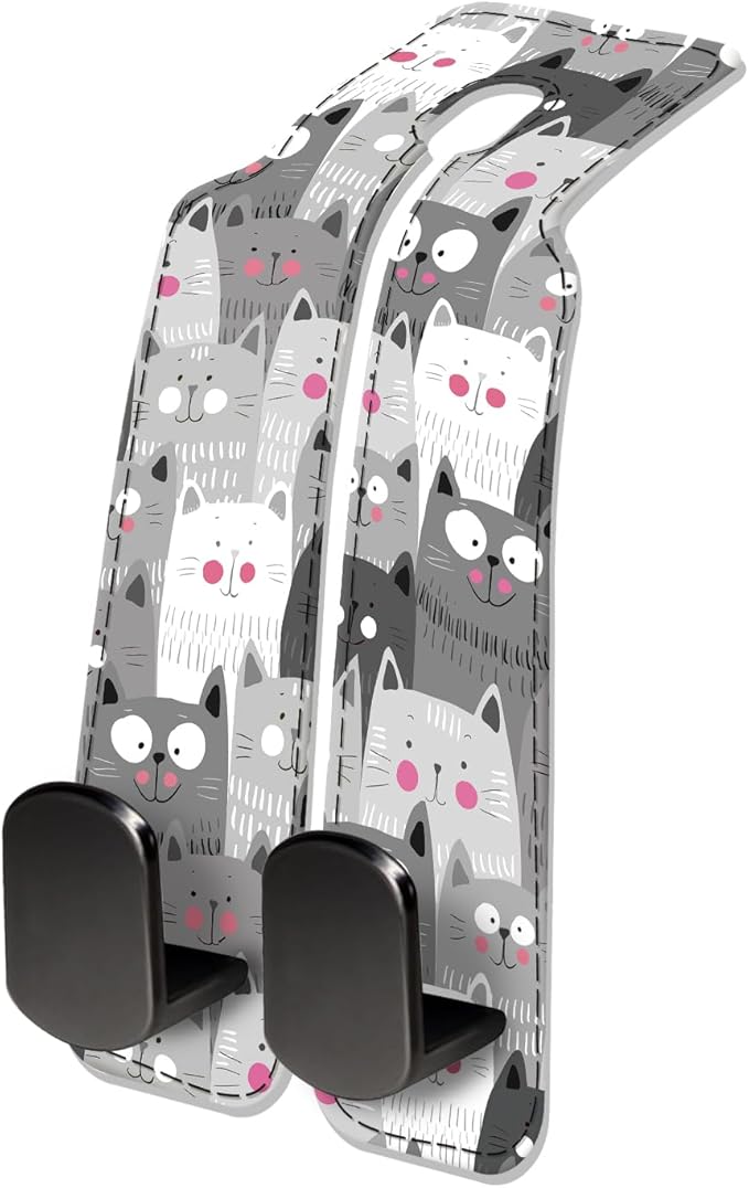 NUGGHU Car Seat Headrest Hook, Universal Leather Cute Hanger Holder Hook, Storage Organizer Interior Accessories for Purse Bags Handbag Funny Grey Cats