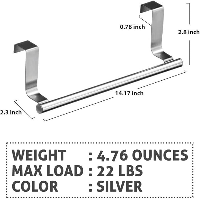 Over Cabinet Towel Bar with Hooks, 14 Inch Brushed Stainless Steel Over The Door Towels Rack for Home Bathroom Kitchen, Hang on Inside and Outside Cabinets or Doors, Holds Hand Dish Towels Washcloths