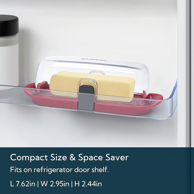 KITCHENDAO One-handed Airtight Butter Dish with Lid for Countertop and Refrigerator Door Shelf, Butter Holder with One Press to Open/Close Secure Latching Buckle for West/East Coast Butter (Red)