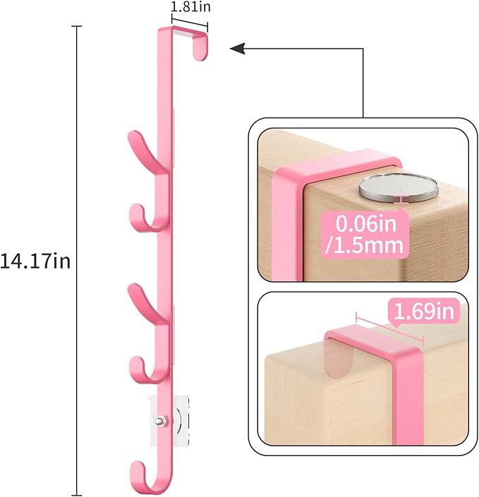 Over The Door Hooks, Metal Door Hooks for Hanging, Over The Door Purse Organizer for Door Coat Hanger, Back of Shower for Hanging Towel Rack Clothes, Hat, Bathroom, Closet (Pink-2Packs)