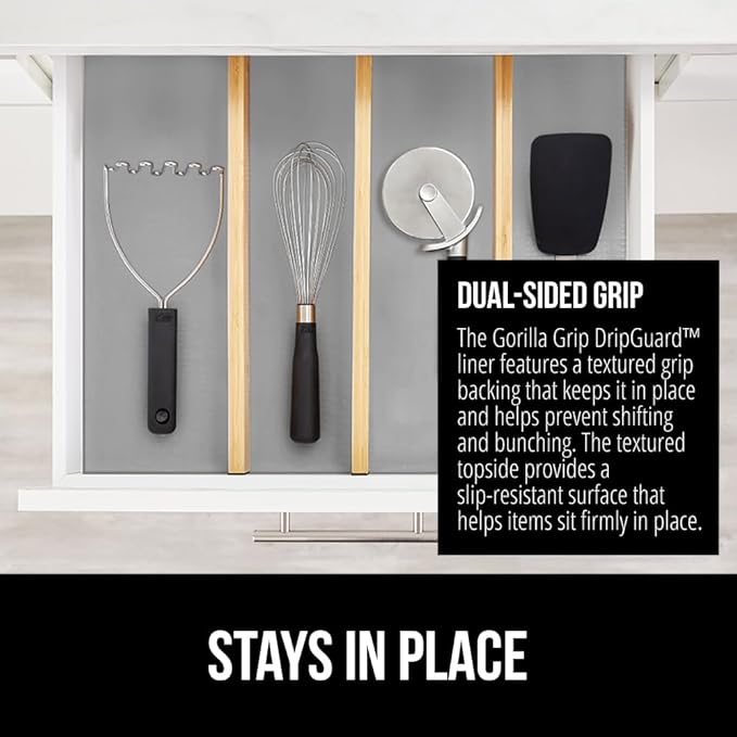 GORILLA GRIP DripGuard Shelf Liner, Non-Adhesive Drawer and Kitchen Cabinet Protector, Strong Grip Slip Resistant Underside, Smooth Surface Liners for Cabinets, Bathrooms, Closets, 17.5x120 Inch, Gray