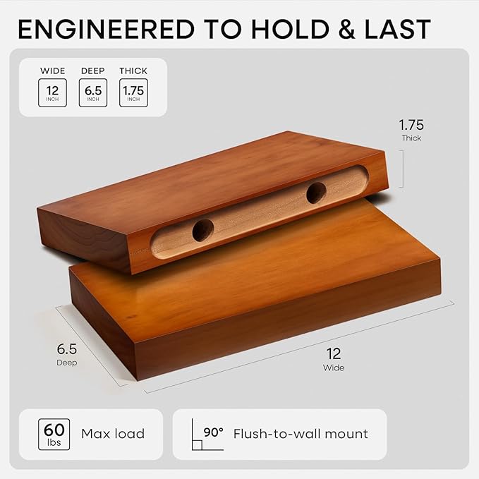 Homeforia 12 inch Oak Floating Shelf, High-End Solid Real Wood 12-inch Small Floating Shelves for Wall Mounted, Honey Oak Wooden 12in Floating Shelves, Heavy Duty Bracket, 12 X 6.5 X 1.75 in, Set of 2