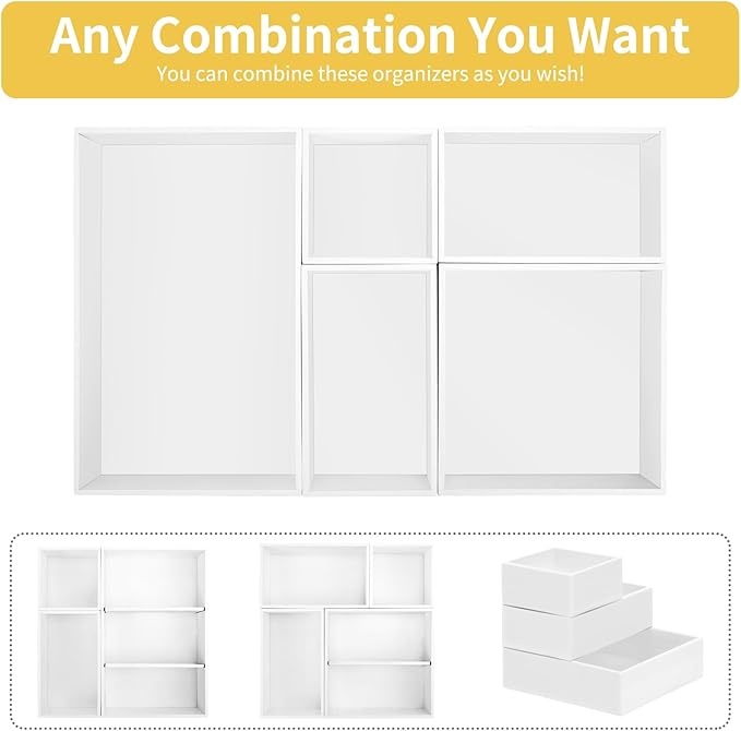 Bamboo Drawer Organizer with 2 Dividers, 5PCS Adjustable Junk Desk Organizer Trays with 7 Grid , Wood Stackable Storage Boxes Bins for Kitchen Flatware, Office Desktop, Bathroom Makeup, Jewelry