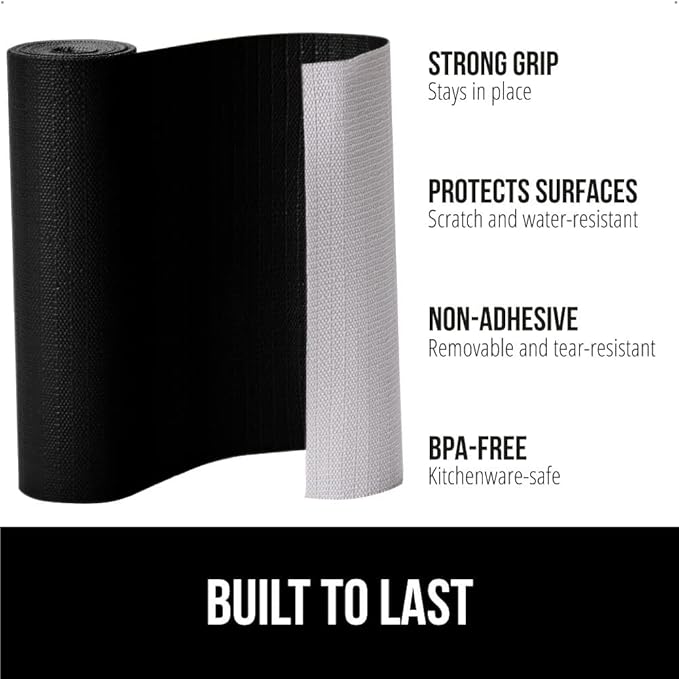 GORILLA GRIP DripGuard Shelf Liner, Non-Adhesive Drawer and Kitchen Cabinet Protector, Strong Grip Slip Resistant Underside, Smooth Surface Liners for Cabinets, Bathroom Closets, 17.5x240 Inch, Black