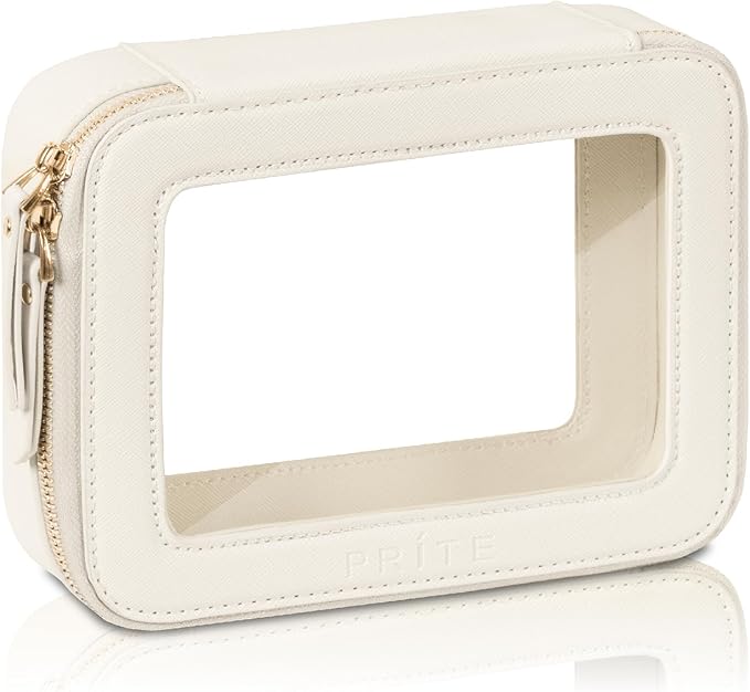Prite Clear Makeup Bag Cosmetic Organizer Case Waterproof Travel Toiletry Bag Skincare Pouch with Golden Zipper (Beige)