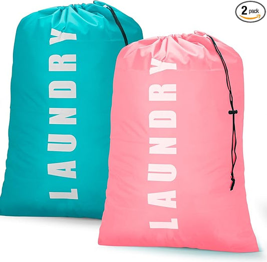 Isink Laundry Bag, 2 Pack Travel Laundry Bags for Dirty Clothes, Large Laundry Bags for Camping & Traveling, Dirty Clothes Travel Bag, 24" x 36" (Cyan + Pink)