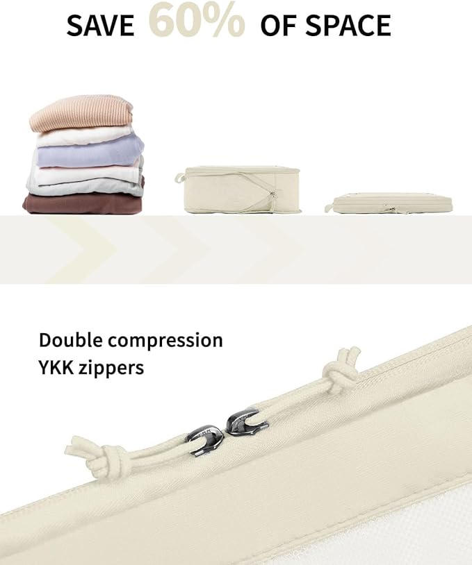 ECOHUB 5 Set Compression Packing Cubes for Suitcases Organiser Bags Set Travel Essentials with Shoe Bag for Traveling Tear-resistant Travel Accessories with ID Tag Expandable Packing Bags (Beige)
