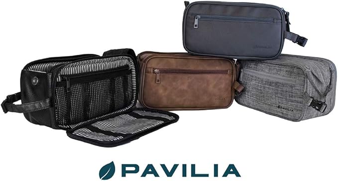PAVILIA Toiletry Bag for Men, Travel Essentials Shaving Dopp Kit, Men's Travel Bag Toiletries Organizer Case for Grooming, PU Leather Water Resistant Cosmetic Bag Pouch (Heather Grey)