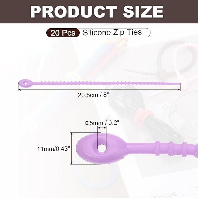 PATIKIL 8 Inch Silicone Cable Ties, 20pcs Rubber Reusable Twist Zip Ties Organizer for Home Office Kitchen Food bags Wires Adjustable Bag Clip, Light Purple