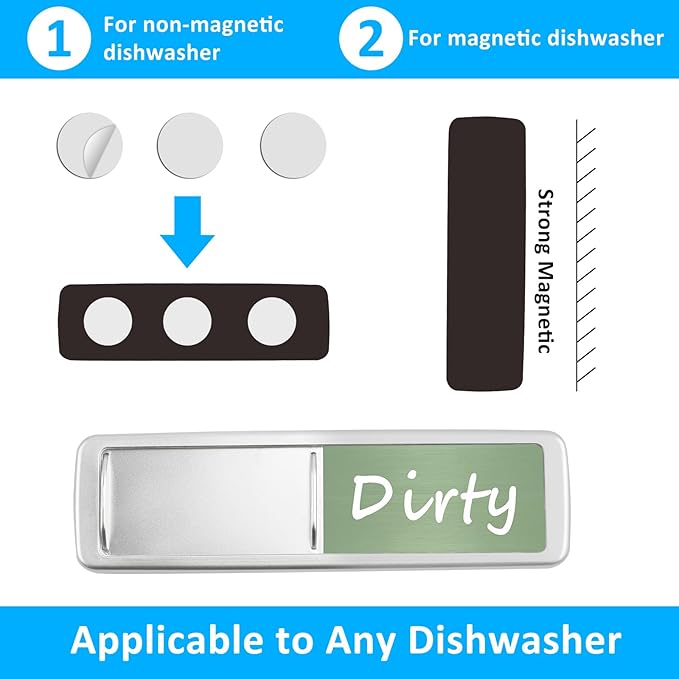 Dishwasher Magnet Clean Dirty Sign, Slide Strong Clean and Dirty Magnet Indicator for Dishwasher, Non-Scratch, Easy to Read, Self-Adhesive Stickers for Non-Magnetic Dishwasher（Green White）