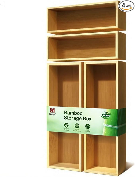Bamboo Drawer Silverware Organizer, Flatware Organizer, Bamboo Storage Box for Office, Bathroom and other objects storage (large14.2 x5 x2 Small 9.85"x3.55"x1.78"- Set of 4)