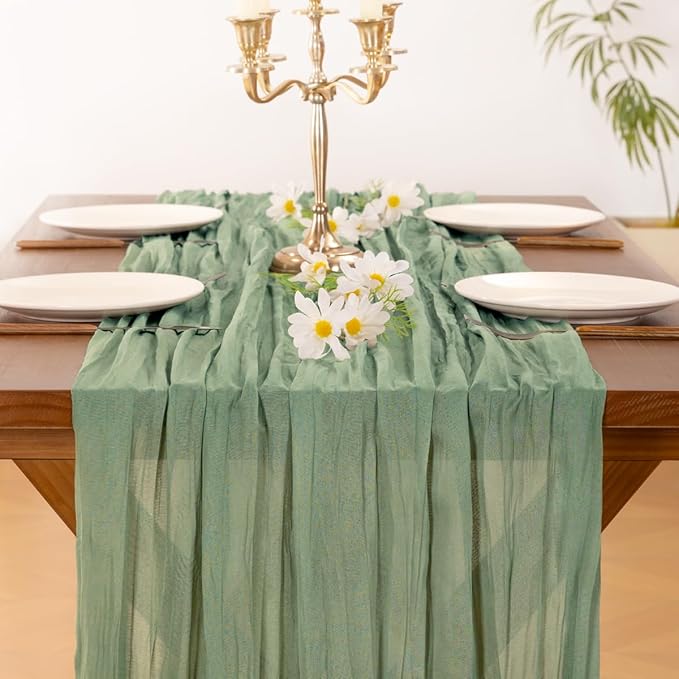 Socomi Sage Green Cheesecloth Table Runner Summer Boho Rustic Farmhouse Gauze 120 inch 10FT Cheese Cloth Sheer Runner for Wedding Party Baby Shower Birthday Home Decor Holiday Decorations