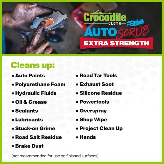 Crocodile Cloth AutoSCRUB Cleaning Wipes – 60-Count (15” x 10”) Cleaning Cloths Remove Oil, Grease, Paint, Tar, Brake Dust, Hydraulic Fluid, Silicone, Sealants & Road Grime from Tools & Hands