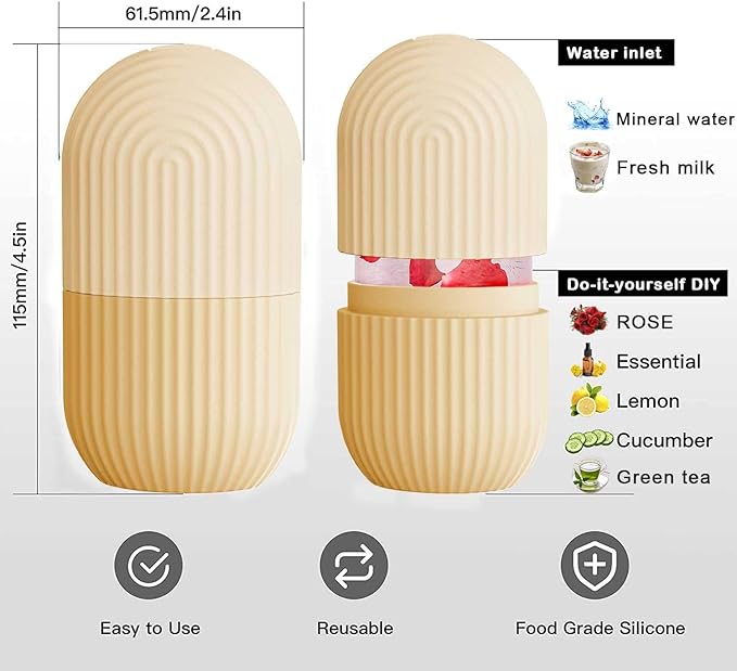 XHJRI Ice Face Roller Massager, Ice Cube Roller for Face, Eyes and Neck Naturally Conditioning and Skin Care, De-Puff Eye Bags, Reduce Migraine Pain, Reusable Massage Silicone Ice Mold (Beige)