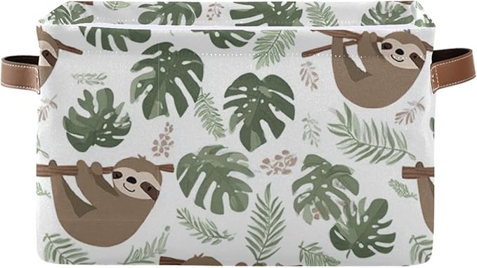 Aslsiy Storage Basket Sloth Tropical Leaves Nursery Bins Baby Box Canvas Clothes Shelf Basket Laundry Hamper Gift Basket for Home Closet 1 Pcs