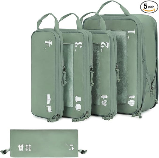 ECOHUB 5 Set Compression Packing Cubes for Suitcases Organizer Bags Set Travel Essentials with Shoe Bags for Travel Tear-resistant Travel Accessories with ID Tag Expandable Packing Bags (Green)