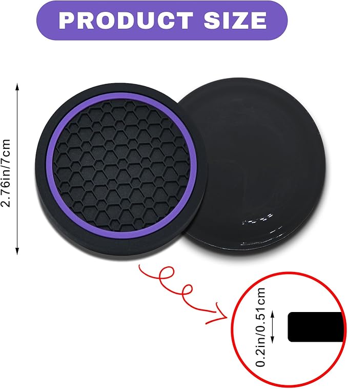 4PCS Car Cup Holder Coasters, 2.75 Inch Non-Slip Insert Cup Holder Pad, Dustproof Automotive Interior Accessories Mat, Universal for Trucks, Vehicles, RVs and More (Black/Purple)