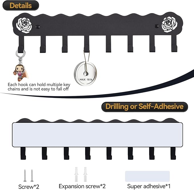 2-Pack Premium Iron Key Holder for Wall – Large Capacity & Multi-Functional, Dual Installation: Wall Mount & Adhesive, 8 Hooks Key Rack for Entryway, Kitchen, Bathroom, Office
