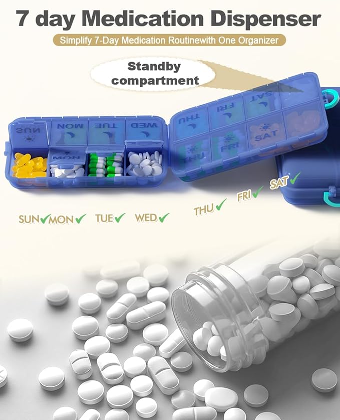 Pill Organizer Medicine Organizer Travel Essentials - Weekly Medicine Dispenser with Etched Labels, 7 Day AM PM Dispenser, Travel Pill Box, Foldable Medicine Case