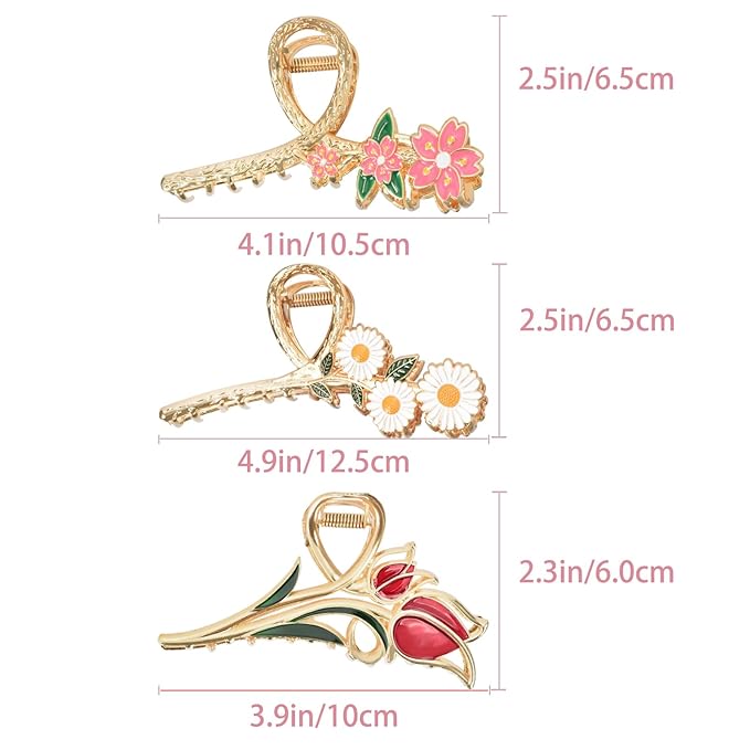 3-Piece Floral Metal Hair Clips: Orchid, Tulip, Daisy Barrettes for Thin/Medium Thick Hair - Elegant Strong Hold Non-Slip Catch Clip Accessories