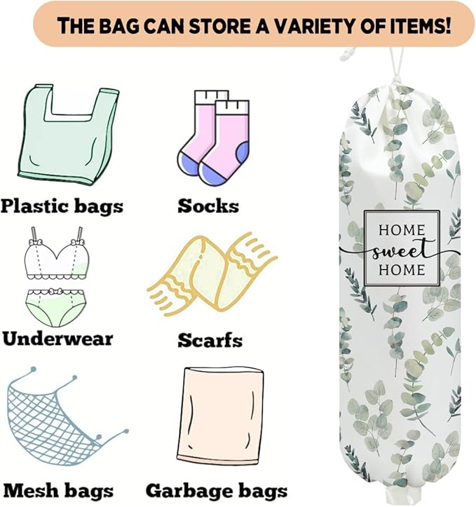 Eucalyptus Leaves Plastic Bag Holder, Wall Mount Grocery Bag Holder for Plastic Bags, Reusable Grocery Bags Storage Dispenser, Farmhouse Home Kitchen Decor, Housewarming Gifts for Women Mom Grandma