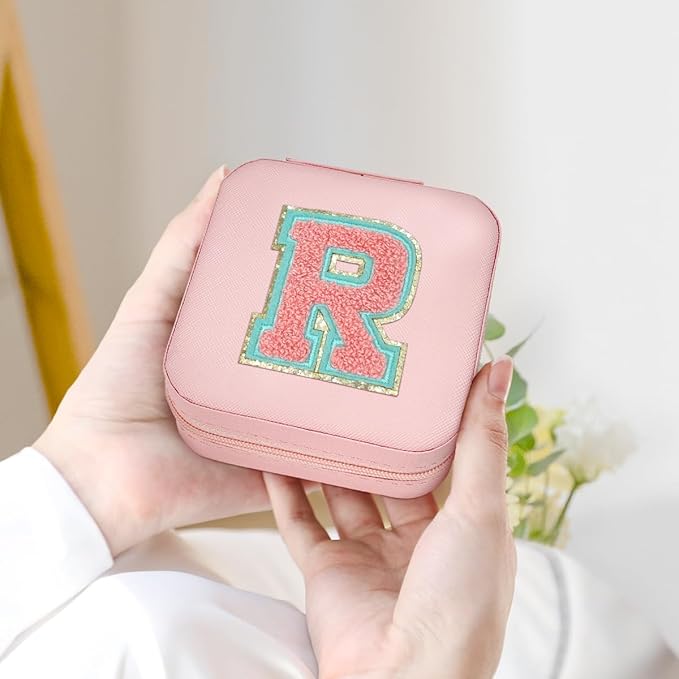 SANDJEST Personalized Jewelry Box, Pink Travel Jewelry Box with Initial R, Small Monogrammed Jewelry Case Organizer for Girls Women Teen Kids, Mini Travel Essentials Gifts for Birthday Christmas