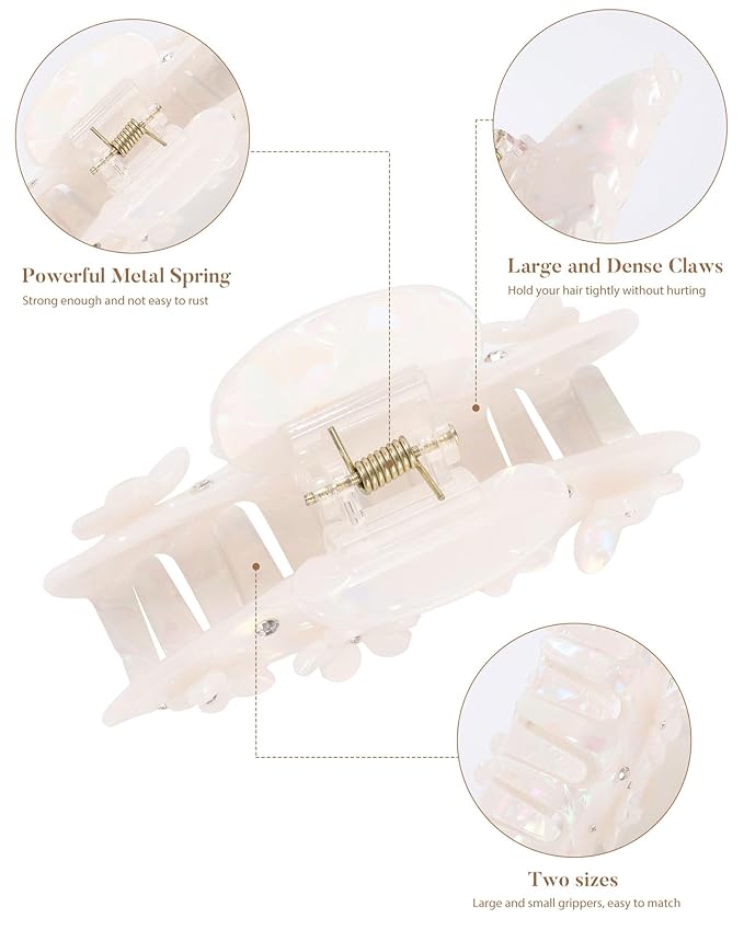 3PCS Acrylic Flower Hair Claw Clips - 2 Styles Durable Medium Small Claw Clips for Women, Strong Hold Cute Non Slip Stylish Accessories Decroation Buns for Thick Thin Hair (White)