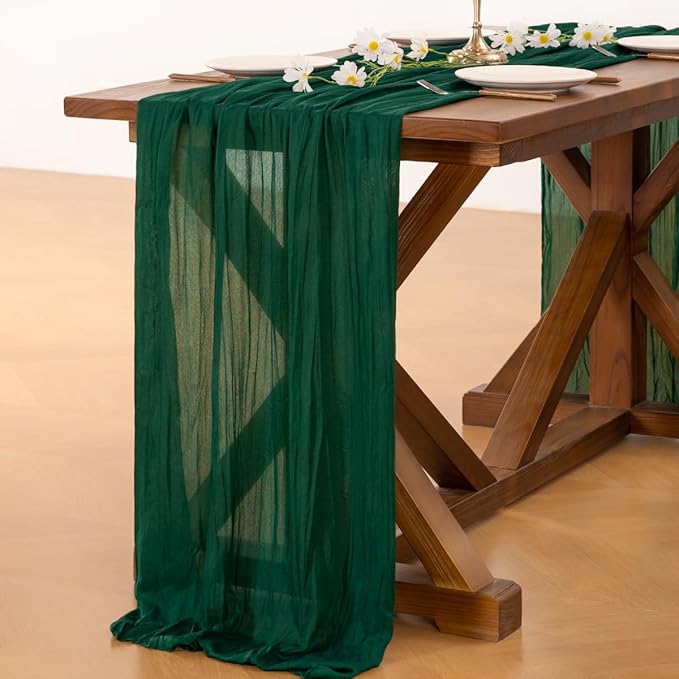 Socomi Emerald Green Cheesecloth Table Runner Summer Boho Rustic Gauze 120 inch 10FT Cheese Cloth Sheer Runner for Wedding Party Baby Shower Birthday Home Decor Holiday Decorations