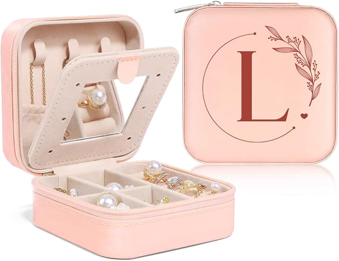 SANDJEST Personalized Jewelry Box, Pink Small Travel Jewelry Box with Initial L, Monogrammed Jewelry Case Organizer for Girls Women Teen, Mini Travel Essentials Gifts for Christmas Birthday