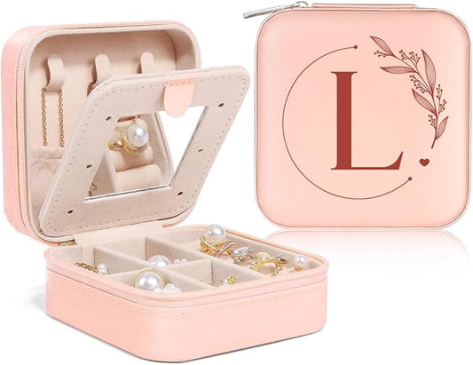 SANDJEST Personalized Jewelry Box, Pink Small Travel Jewelry Box with Initial L, Monogrammed Jewelry Case Organizer for Girls Women Teen, Mini Travel Essentials Gifts for Christmas Birthday