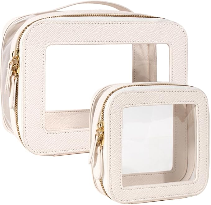 Clear Makeup Bag Set, Small Portable Clear Makeup Bag Cute Waterproof Travel Cosmetic Bag Makeup Pouch TSA Approved Toiletry Bag Women Traveling Car Organizer Car Essentials (White, Standard + Mini)