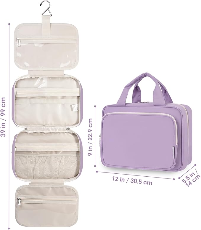Narwey Travel Toiletry Bag for Women Large Hanging Makeup Bag Organizer Toiletries Bag for Full Size Essentials Accessories Cosmetics (Purple (Large))