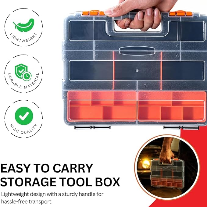Andalus Tools Organizer Box, Small Parts Storage Multi-Compartment Portable Hardware Organizer Removable Plastic Dividers for Screws, Nuts, Bolts, Nails – Orange (4 Set, 12.2" x 9.1" x 7")