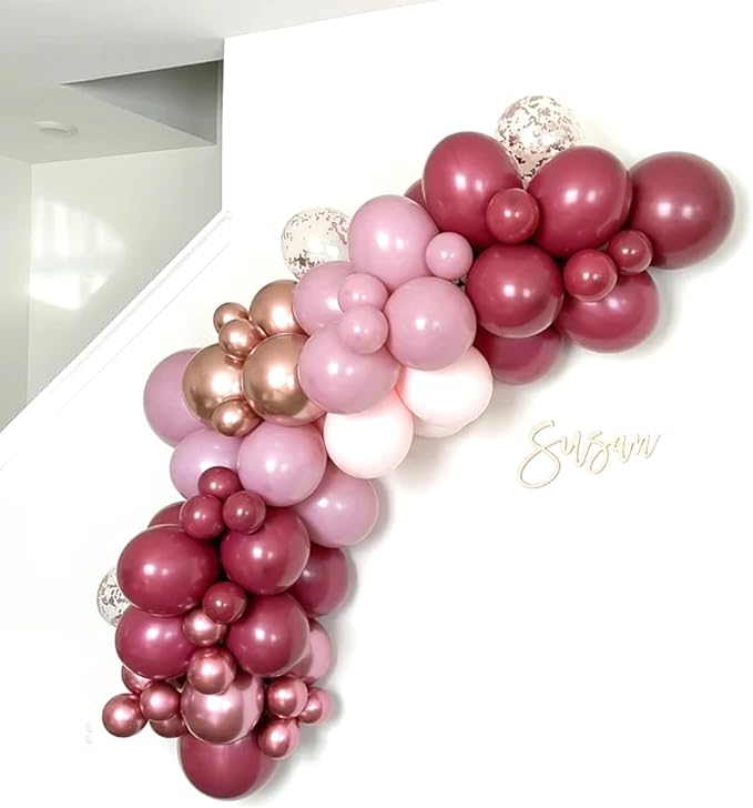 Burgundy Pink Balloon Garland Arch Kit, Burgundy Ruby Red Dusty Purple Pastel Pink Metallic Rose Gold Confetti Balloon Arch Kit for Women Girls Birthday Wedding Baby Bridal Shower Party Decorations