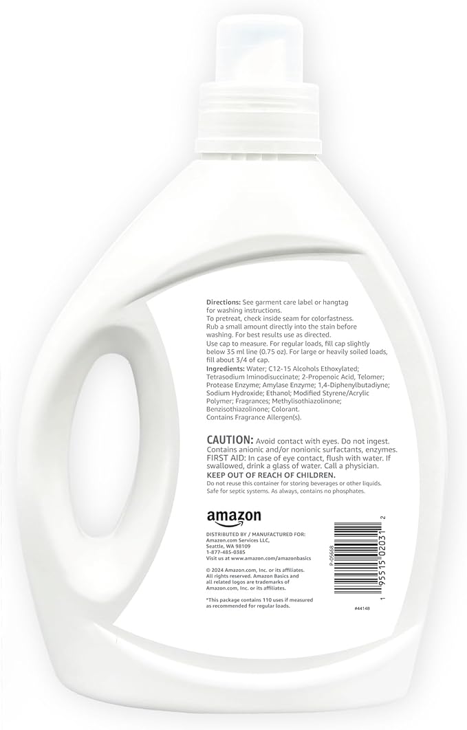 Amazon Basics Concentrated Liquid Laundry Detergent, Clean Linen Scent, HE Compatible, 110 Loads, 82.5 Fl Oz (Previously Solimo)