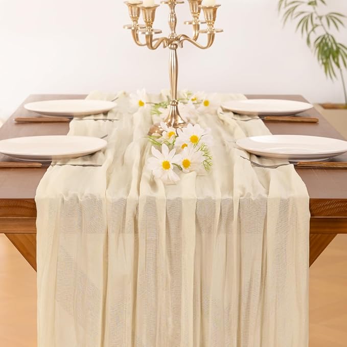 Socomi 10pcs Beige Summer Cheesecloth Table Runner Boho Rustic Gauze 120 inch 10FT Cheese Cloth Sheer Runner for Wedding Party Baby Shower Birthday Home Decor Holiday Decorations
