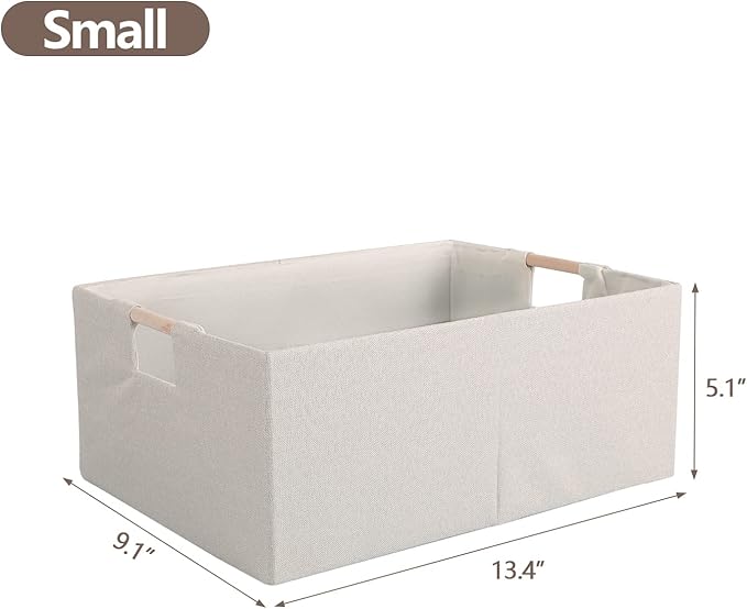 Fabric Storage Bin Box Foldable Cotton Linen Storage Basket with Wooden Handles Rectangular Cube Decorative Home Laundry Organizer Clothes Blanket Container - Beige, Small