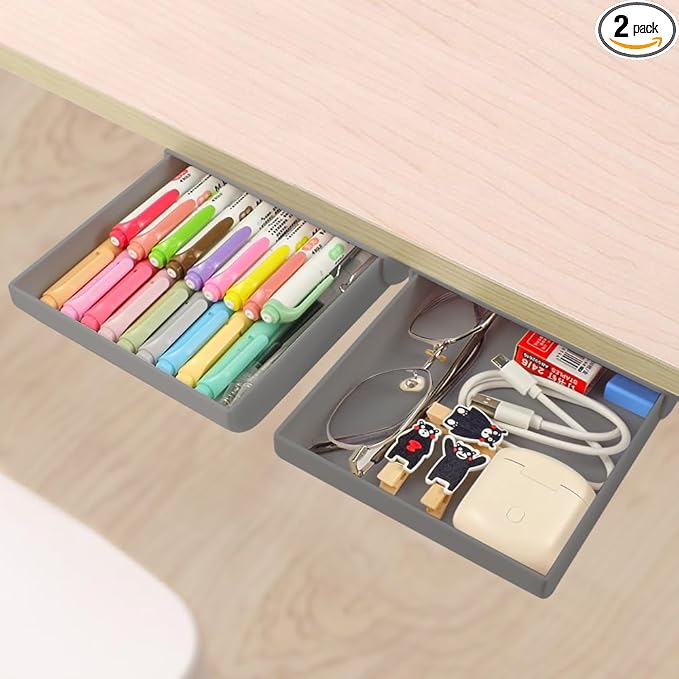 YOOUSOO 2 Pack Under Desk Pencil Organizer Set, Hidden Adhesive Desk Drawer Attachment with Pen Holder And Tray Storage, Modern Workspace Organizers for Home Office And School