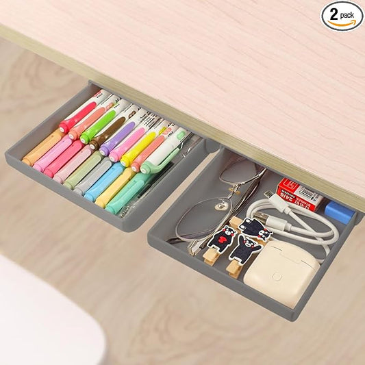 YOOUSOO 2 Pack Under Desk Pencil Organizer Set, Hidden Adhesive Desk Drawer Attachment with Pen Holder And Tray Storage, Modern Workspace Organizers for Home Office And School