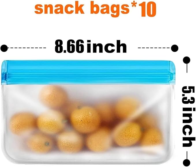 10 Pack Dishwasher reusable bags Silicone,BPA Free, Leakproof Freezer Bags, reusable silicone bags for Lunch Marinate Food Travel -10 Snack Bags