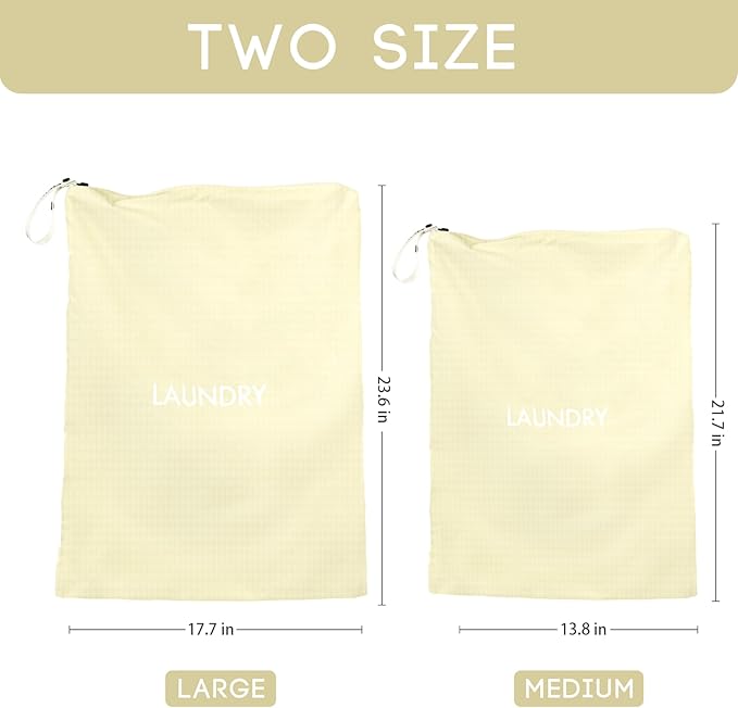 Travel Laundry Bag (2 Pcs - Large + Medium) - Foldable Waterproof Washable Wet Dry Bag for Gym, Swimming, Yoga, and Workout Perfect for Dirty Clothes, Bathing Suits, Travel Accessories (Beige)