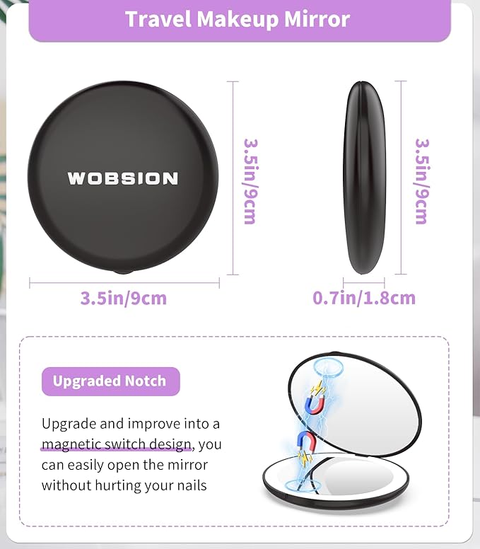 WOBSION Travel Compact Mirror,Portable 1x/10x LED Makeup Mirror with Magnification,Handheld 2-Sided Pocket Mirror, 3.5in Small Mirror for Purse,Handbag,Gift,Cyan&Black,2 Pack