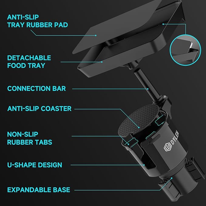 DYLEN Car Cup Holder Tray, Cup Holder Expander Adapter for Car, 9.5” Detachable Car Food Tray Table for Eating, Road Trip Essentials Fits Yeti, Hydro Flask 16-46 oz