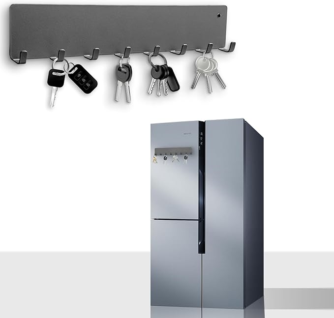 Magnetic Key Holder for Frideg,Heavy Duty Strong Magnetic Key Hanger with 8 Hooks for Refrigerator,Magnetic Kitchen Utensil Holder for Metal Surface in Entryway,Garage,Pantry (Gray)