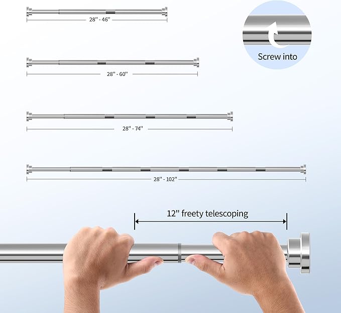 Mcrbeay Shower Curtain Rod, 1" Diameter Heavy Duty Tension Shower Rod, Non Slip Adjustable 28-46 inch No Drilling Shower Curtain Rods Spring Tension For Bathroom, Shower Stall, No Rust, Silver